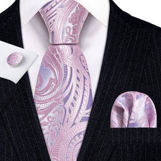 New Light Pink Silver Paisley Silk Men's Necktie Pocket Square Cufflinks Set