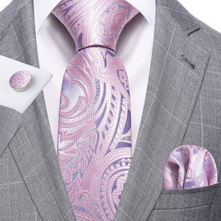 New Light Pink Silver Paisley Silk Men's Necktie Pocket Square Cufflinks Set