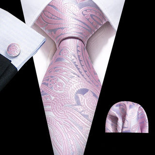 New Light Pink Silver Paisley Silk Men's Necktie Pocket Square Cufflinks Set