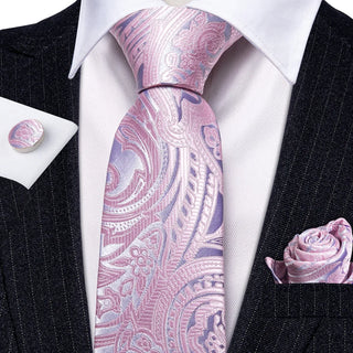 New Light Pink Silver Paisley Silk Men's Necktie Pocket Square Cufflinks Set