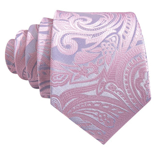 New Light Pink Silver Paisley Silk Men's Necktie Pocket Square Cufflinks Set