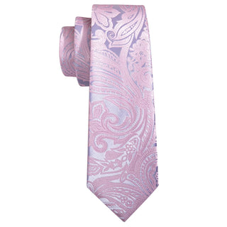 New Light Pink Silver Paisley Silk Men's Necktie Pocket Square Cufflinks Set