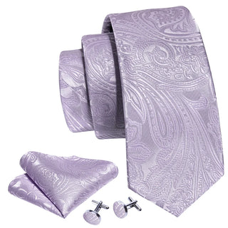 New Light Purple Paisley Silk Men's Necktie Pocket Square Cufflinks Set