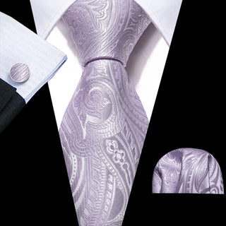 New Light Purple Paisley Silk Men's Necktie Pocket Square Cufflinks Set