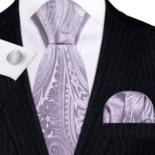 New Light Purple Paisley Silk Men's Necktie Pocket Square Cufflinks Set