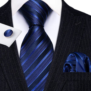 Classy Blue Striped Silk Men's Necktie Pocket Square Cufflinks Set