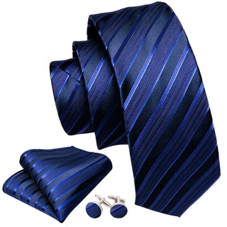Classy Blue Striped Silk Men's Necktie Pocket Square Cufflinks Set