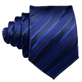Classy Blue Striped Silk Men's Necktie Pocket Square Cufflinks Set