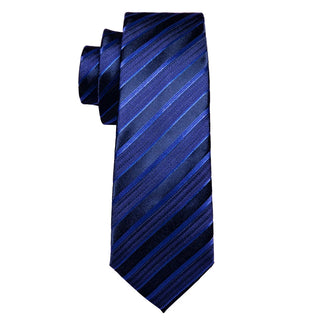 Classy Blue Striped Silk Men's Necktie Pocket Square Cufflinks Set