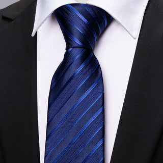 Classy Blue Striped Silk Men's Necktie Pocket Square Cufflinks Set