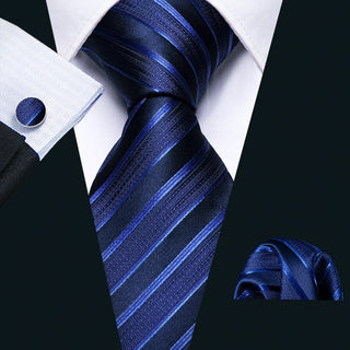 Classy Blue Striped Silk Men's Necktie Pocket Square Cufflinks Set