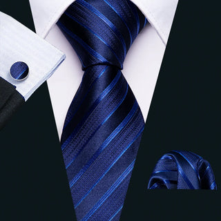 Classy Blue Striped Silk Men's Necktie Pocket Square Cufflinks Set