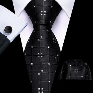 New Black White Plaid Silk Men's Necktie Pocket Square Cufflinks Set