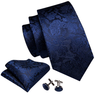 Royal Blue Floral Silk Necktie Pocket Square Cufflinks Set