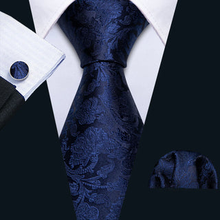 Royal Blue Floral Silk Necktie Pocket Square Cufflinks Set