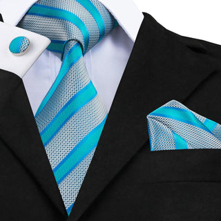 Blue Silver Striped Silk Necktie Pocket Square Cufflinks Set
