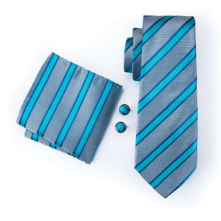 Blue Silver Striped Silk Necktie Pocket Square Cufflinks Set