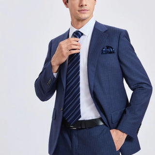 Deep Blue Striped Silk Necktie Pocket Square Cufflinks Set