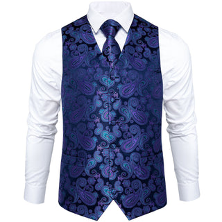 Blue Purple Paisley Silk Men's Vest Pocket Square Cufflinks Tie Set Waistcoat Set
