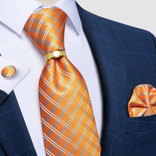 New Orange Plaid Silk Necktie Pocket Square Cufflinks Set