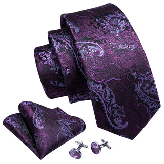 New Purple Paisley Silk Men's Necktie Pocket Square Cufflinks Set