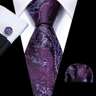 New Purple Paisley Silk Men's Necktie Pocket Square Cufflinks Set