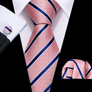 New Coral Pink Blue Striped Silk Men's Necktie Pocket Square Cufflinks Set