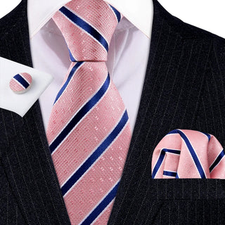 New Coral Pink Blue Striped Silk Men's Necktie Pocket Square Cufflinks Set