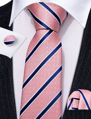New Coral Pink Blue Striped Silk Men's Necktie Pocket Square Cufflinks Set