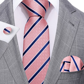 New Coral Pink Blue Striped Silk Men's Necktie Pocket Square Cufflinks Set