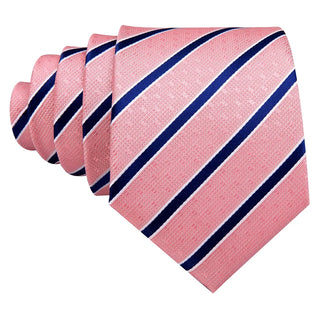 New Coral Pink Blue Striped Silk Men's Necktie Pocket Square Cufflinks Set