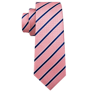 New Coral Pink Blue Striped Silk Men's Necktie Pocket Square Cufflinks Set