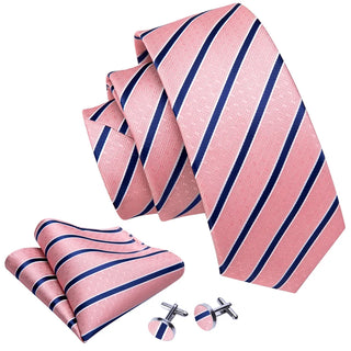 New Coral Pink Blue Striped Silk Men's Necktie Pocket Square Cufflinks Set