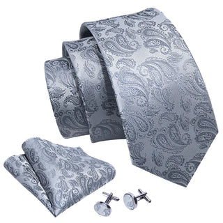 New Silver Paisley Silk Men's Necktie Pocket Square Cufflinks Set