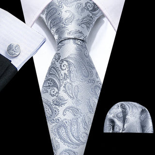 New Silver Paisley Silk Men's Necktie Pocket Square Cufflinks Set