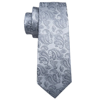 New Silver Paisley Silk Men's Necktie Pocket Square Cufflinks Set
