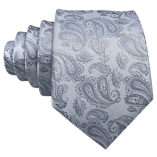 New Silver Paisley Silk Men's Necktie Pocket Square Cufflinks Set