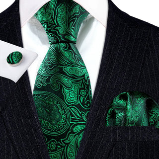 Dark Green Paisley Silk Men's Necktie Pocket Square Cufflinks Set
