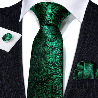 Dark Green Paisley Silk Men's Necktie Pocket Square Cufflinks Set