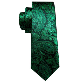 Dark Green Paisley Silk Men's Necktie Pocket Square Cufflinks Set