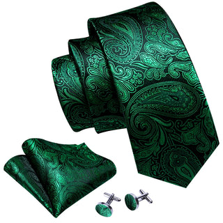 Dark Green Paisley Silk Men's Necktie Pocket Square Cufflinks Set