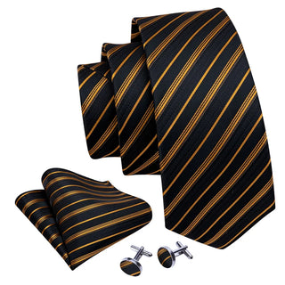 Gold Black Striped Silk Men's Necktie Pocket Square Cufflinks Set