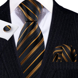 Gold Black Striped Silk Men's Necktie Pocket Square Cufflinks Set