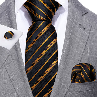 Gold Black Striped Silk Men's Necktie Pocket Square Cufflinks Set
