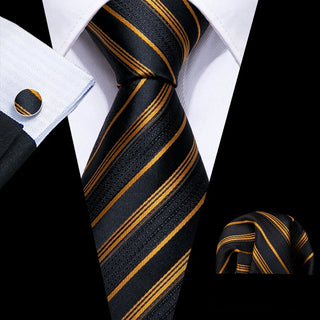 Gold Black Striped Silk Men's Necktie Pocket Square Cufflinks Set