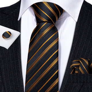 Gold Black Striped Silk Men's Necktie Pocket Square Cufflinks Set