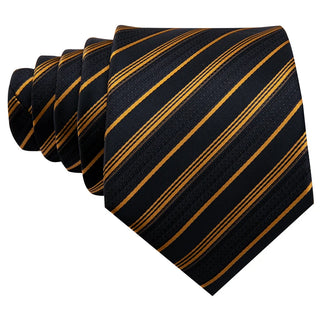Gold Black Striped Silk Men's Necktie Pocket Square Cufflinks Set