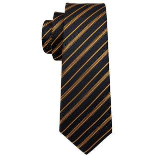 Gold Black Striped Silk Men's Necktie Pocket Square Cufflinks Set