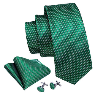 New Green  Striped Silk Men's Necktie Pocket Square Cufflinks Set