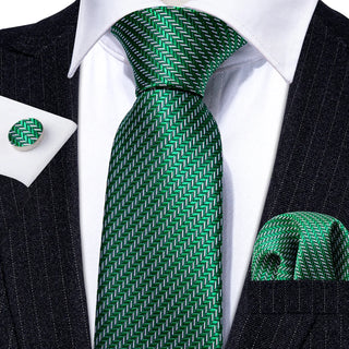 New Green  Striped Silk Men's Necktie Pocket Square Cufflinks Set